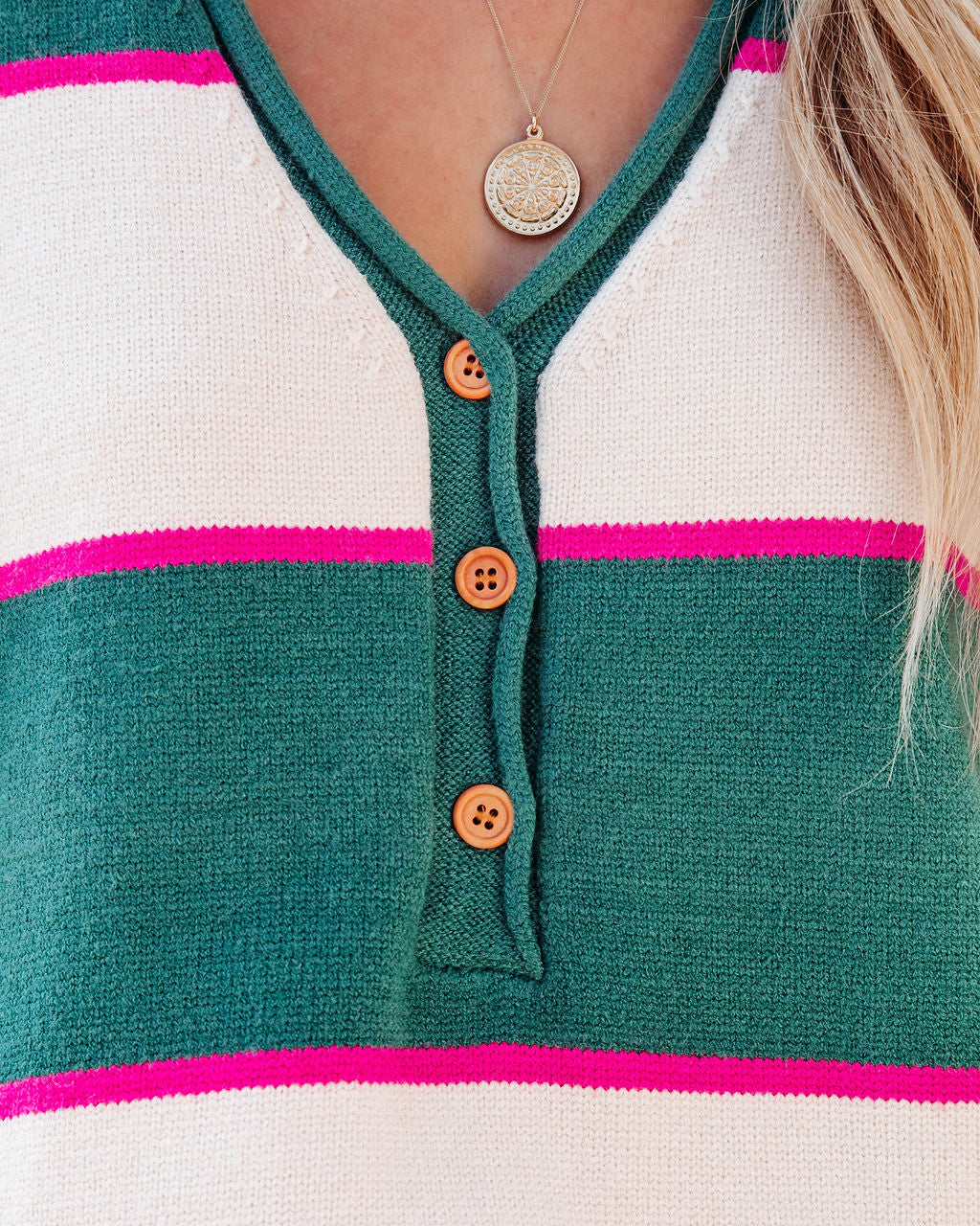 Out Of Your League Knit Striped Henley Pullover Sweater - Teal