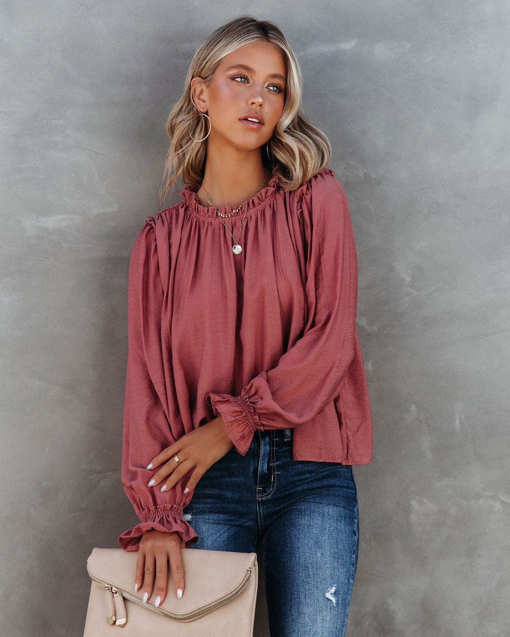Quinn Crinkle Ruffle Sleeve Top - Dusty Clay - SALE