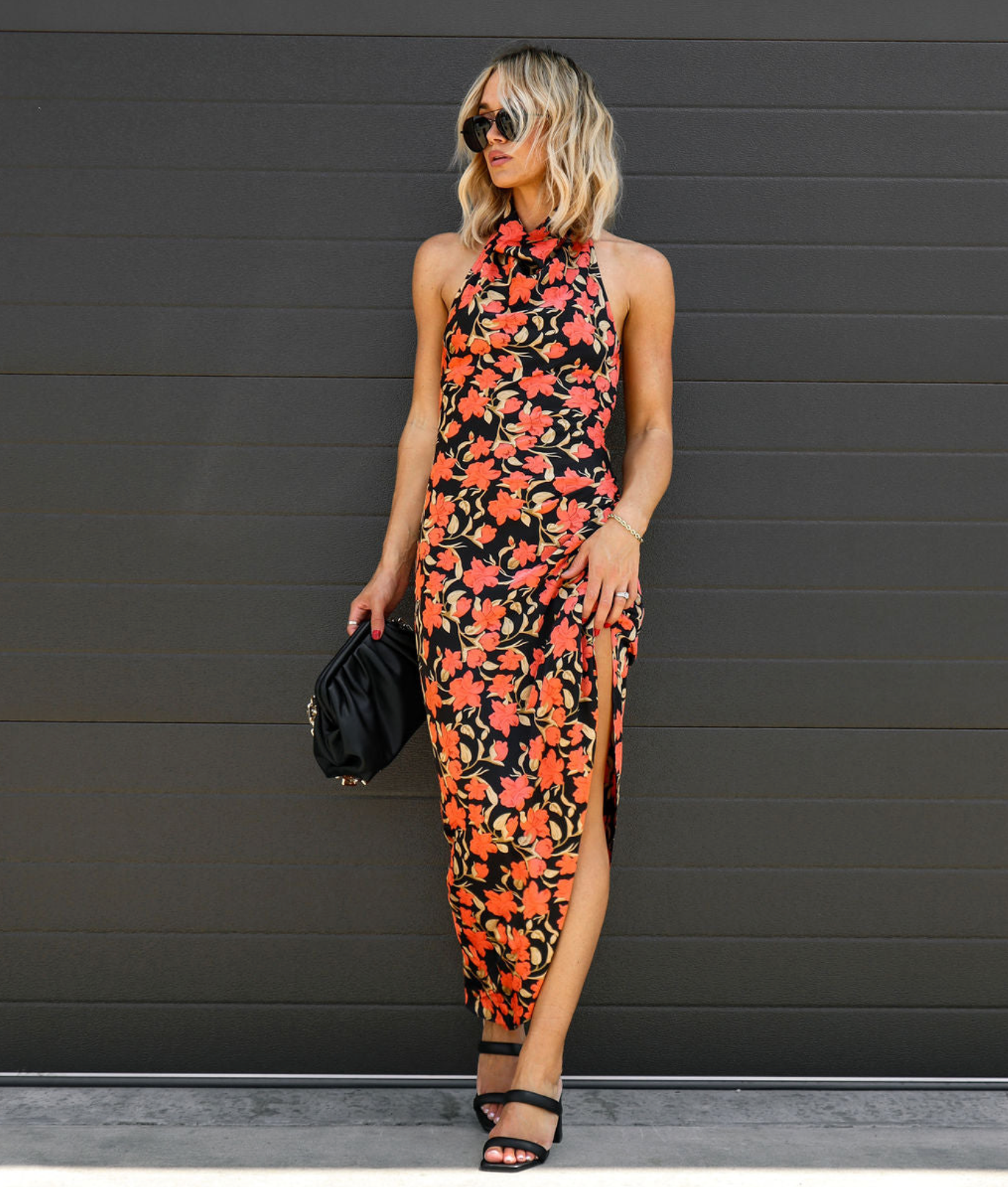 Autumn Bloom Ruched Halter Maxi Dress