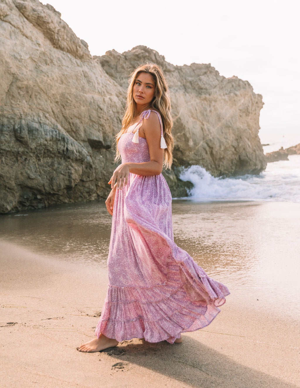 Bradlea Smocked Tassel Tie Maxi Dress - Lilac - SALE