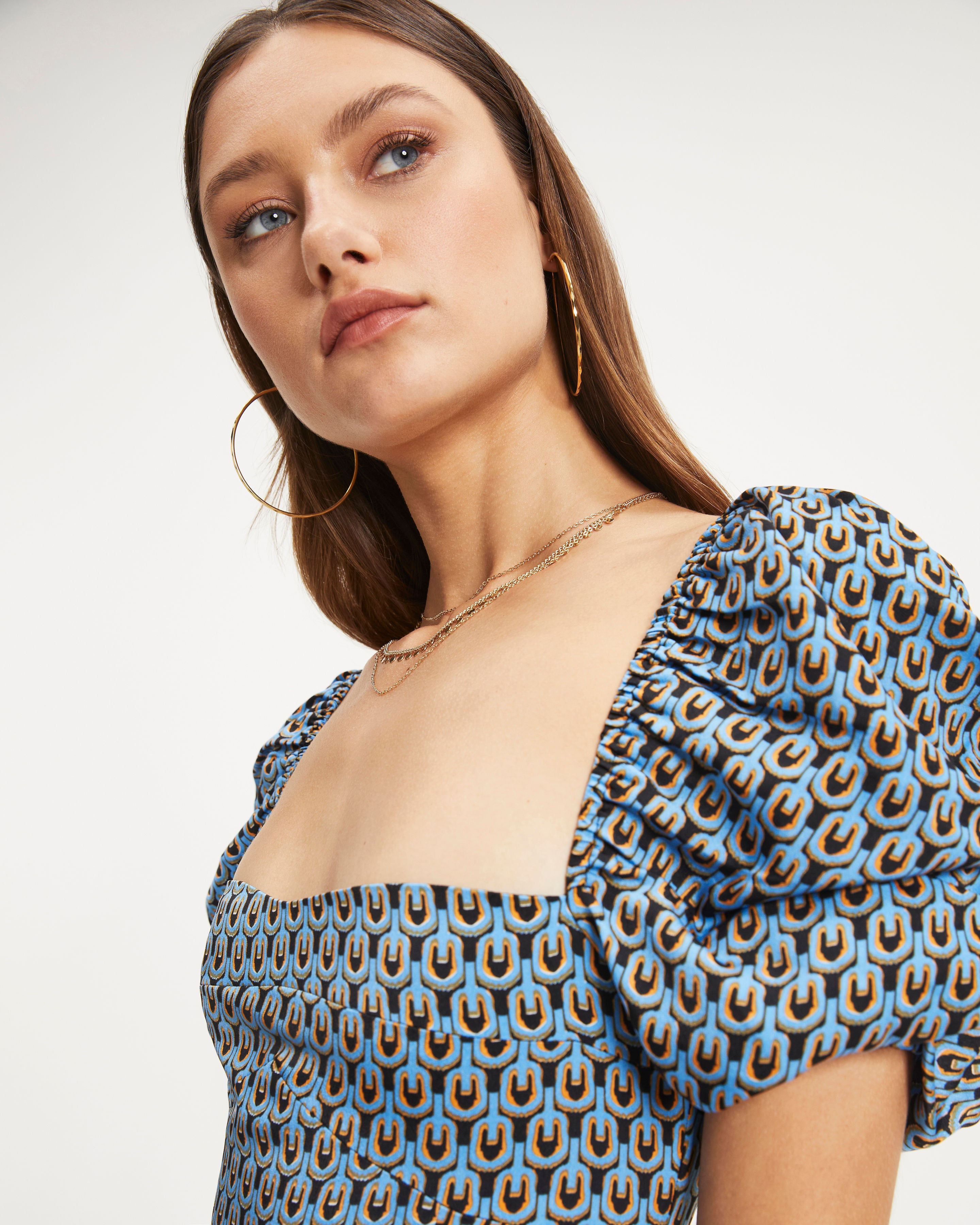 Bellona Printed Puff Sleeve Slit Midi Dress