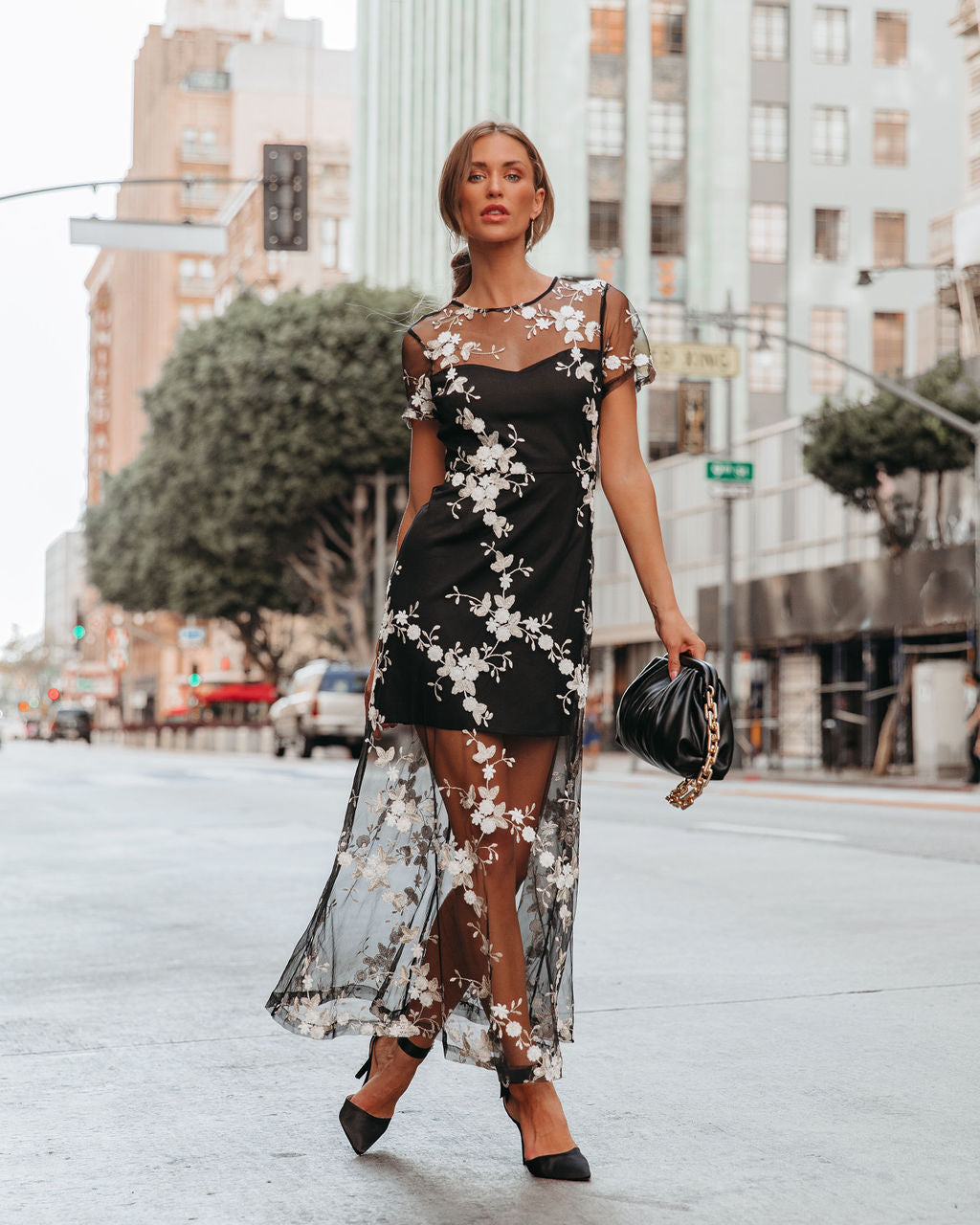 Quite Exquisite Floral Embroidered Sheer Maxi Dress - Black