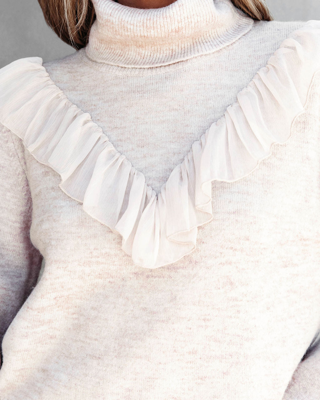 Lyric Ruffle Crop Turtleneck Sweater - Light Grey - SALE