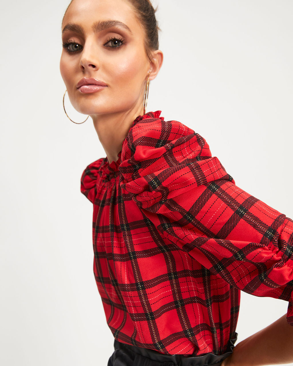 Very Pleased Plaid Puff Sleeve Top