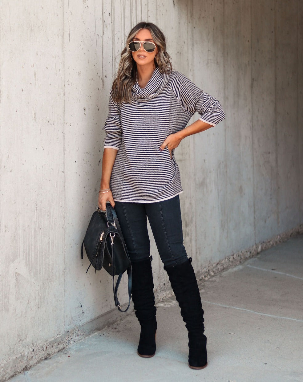 Theresa Striped Knit Cowl Neck Pullover Sweater