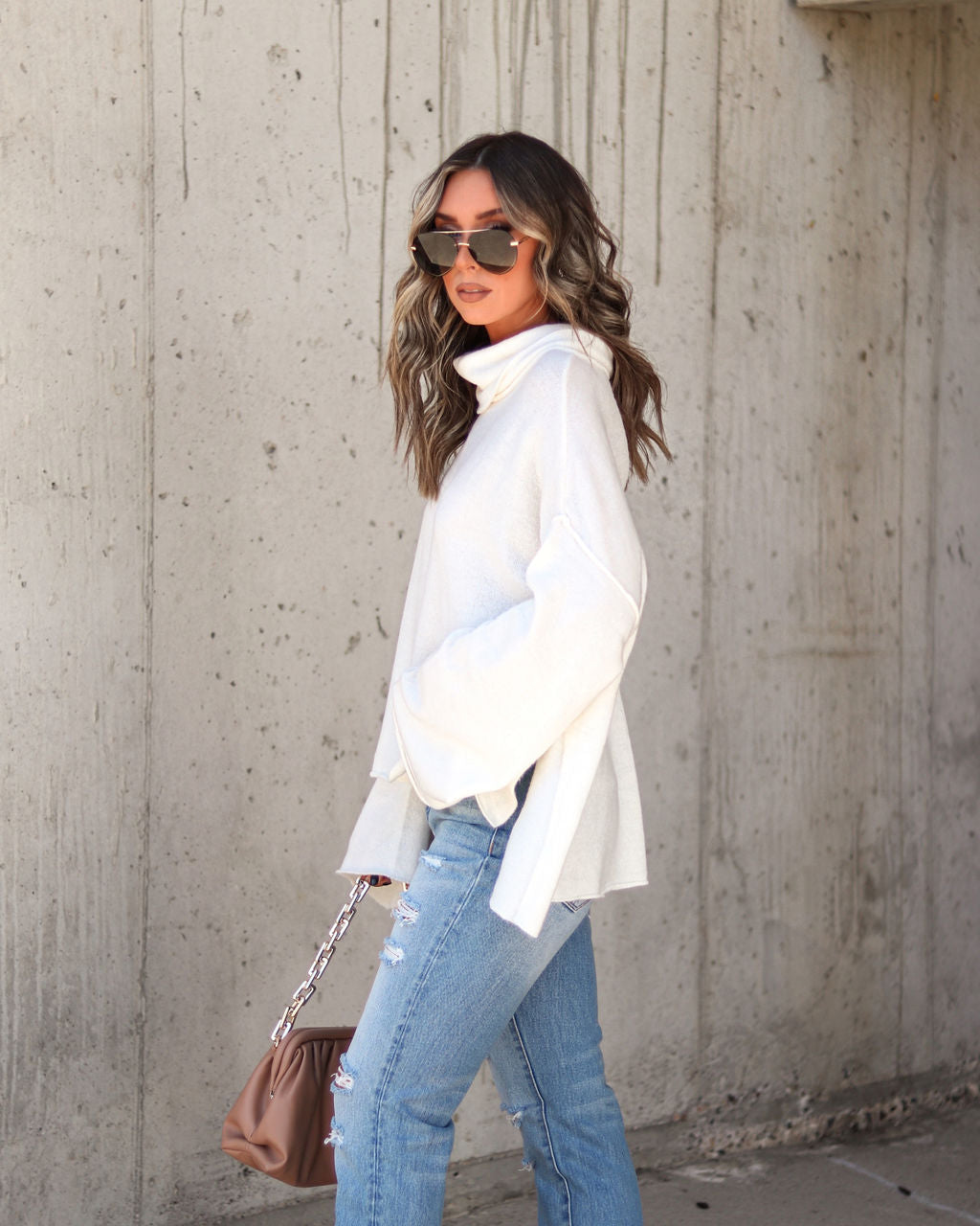 Unfinished Biz Knit Turtleneck Pullover Sweater - Cream