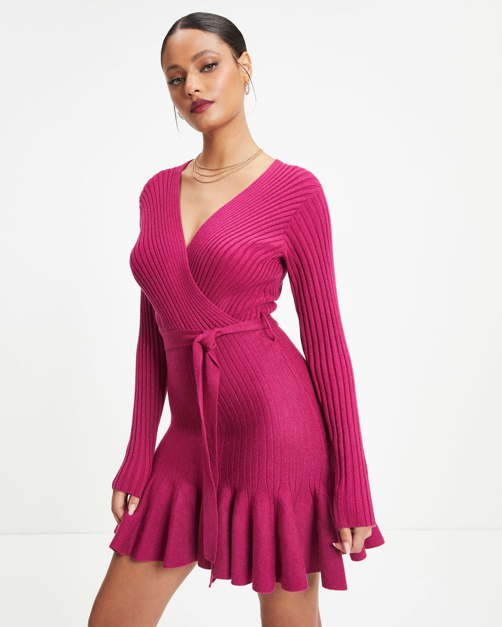 Very Lady Like Knit Ribbed Ruffle Mini Dress - Berry