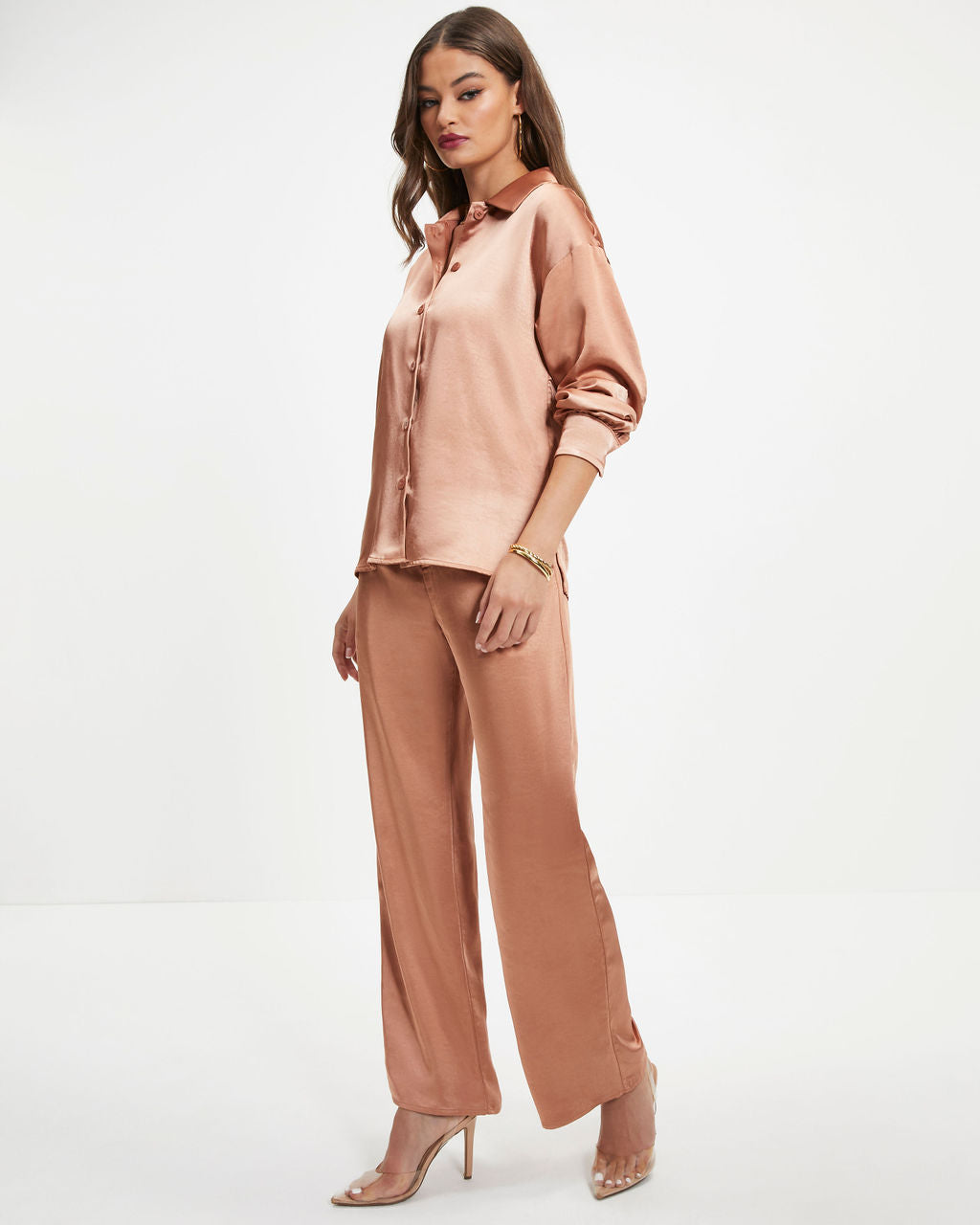 Between The Sheets Satin Button Down Top - Dusty Copper