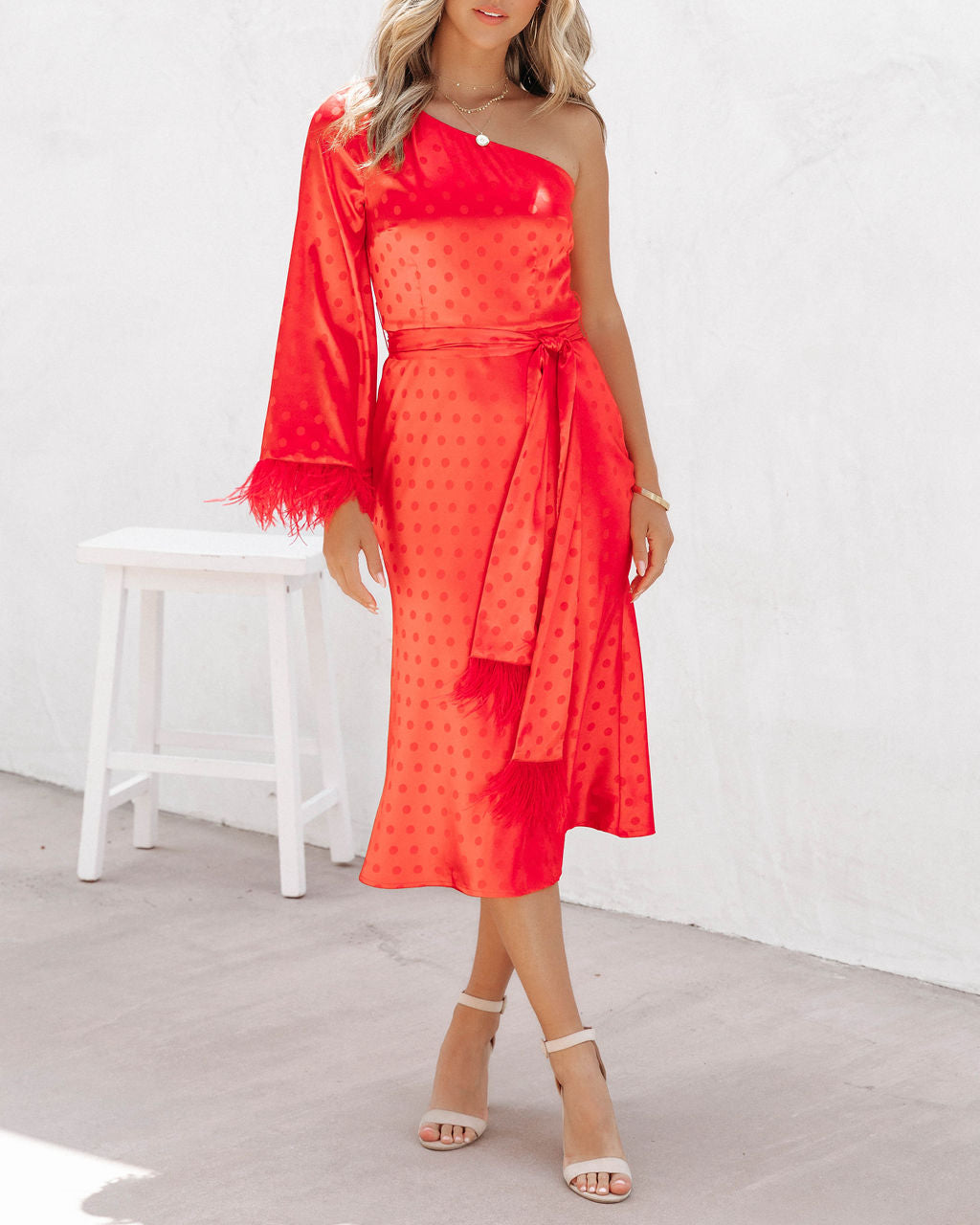 Margaux Satin Feather Trim Midi Dress - Red - FINAL SALE