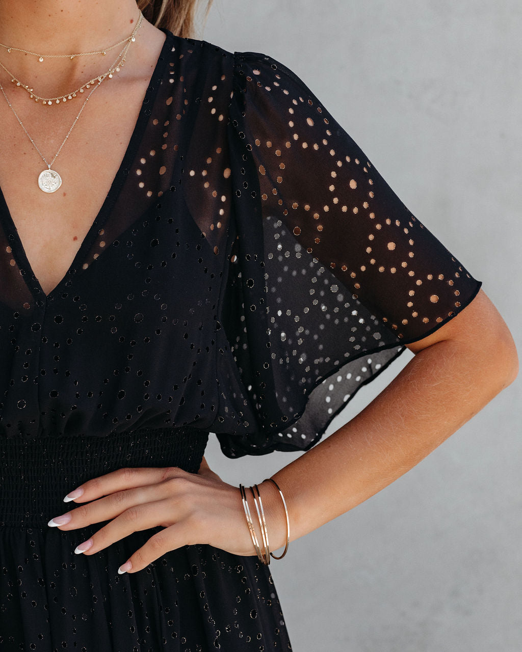 Thumbelina Metallic Eyelet Midi Dress - Black