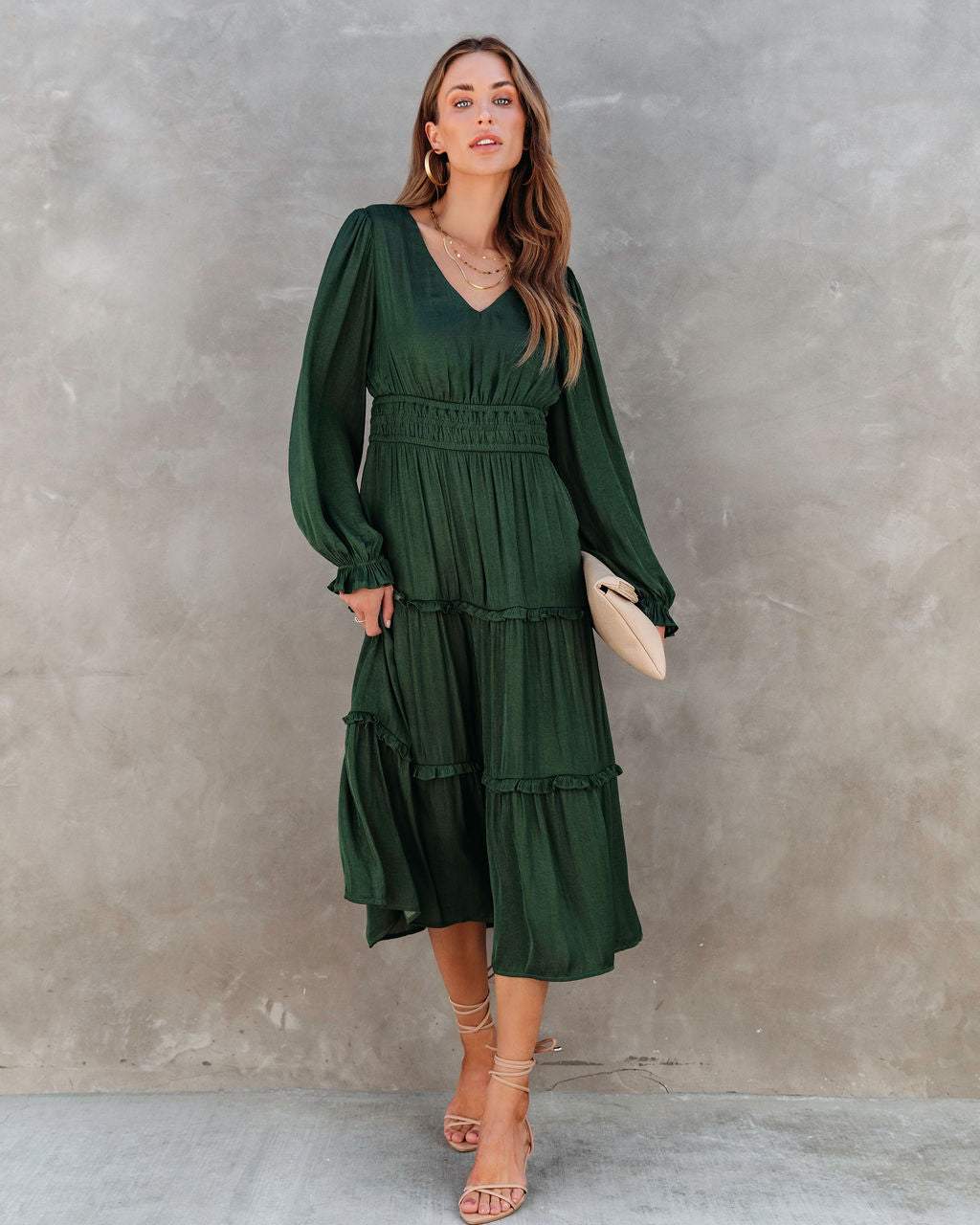 Monique Tiered Midi Dress - Forest Green
