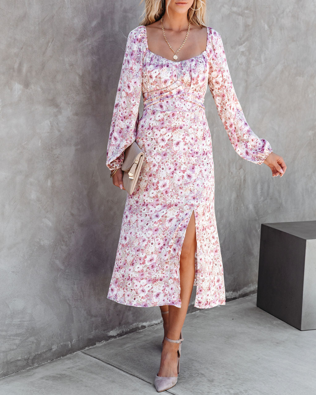 Cherry Blossom Balloon Sleeve Midi Dress