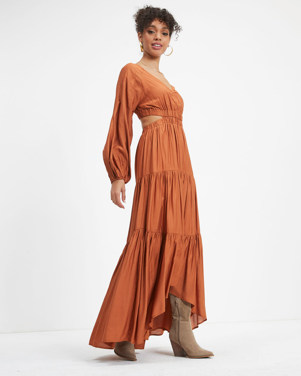 Sable Cutout Ruffle Maxi Dress - Rust