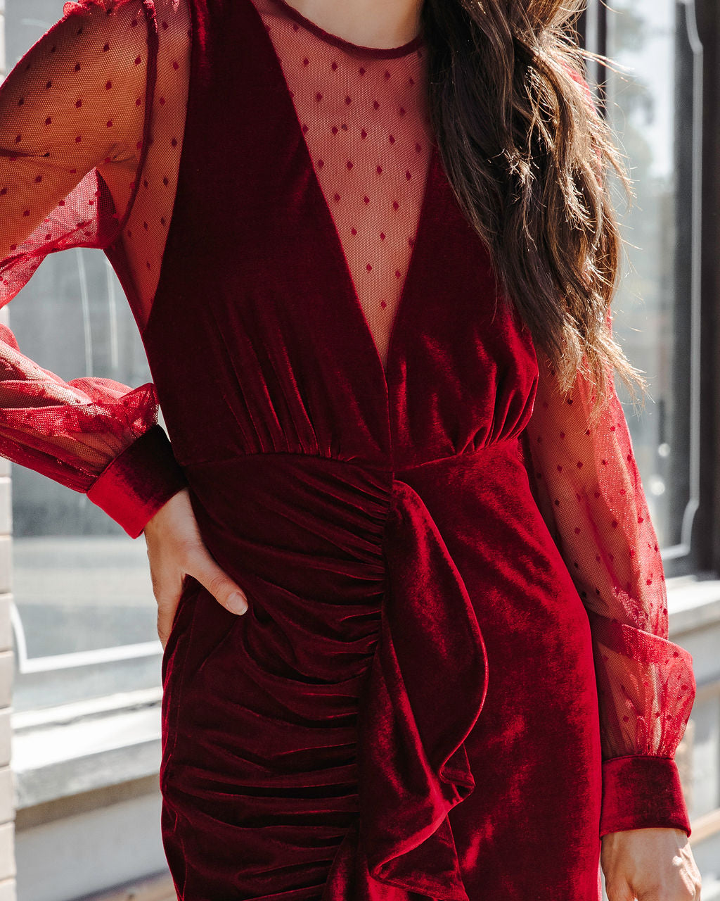 Saint Clara Sheer Velvet Ruffle Mini Dress - Burgundy