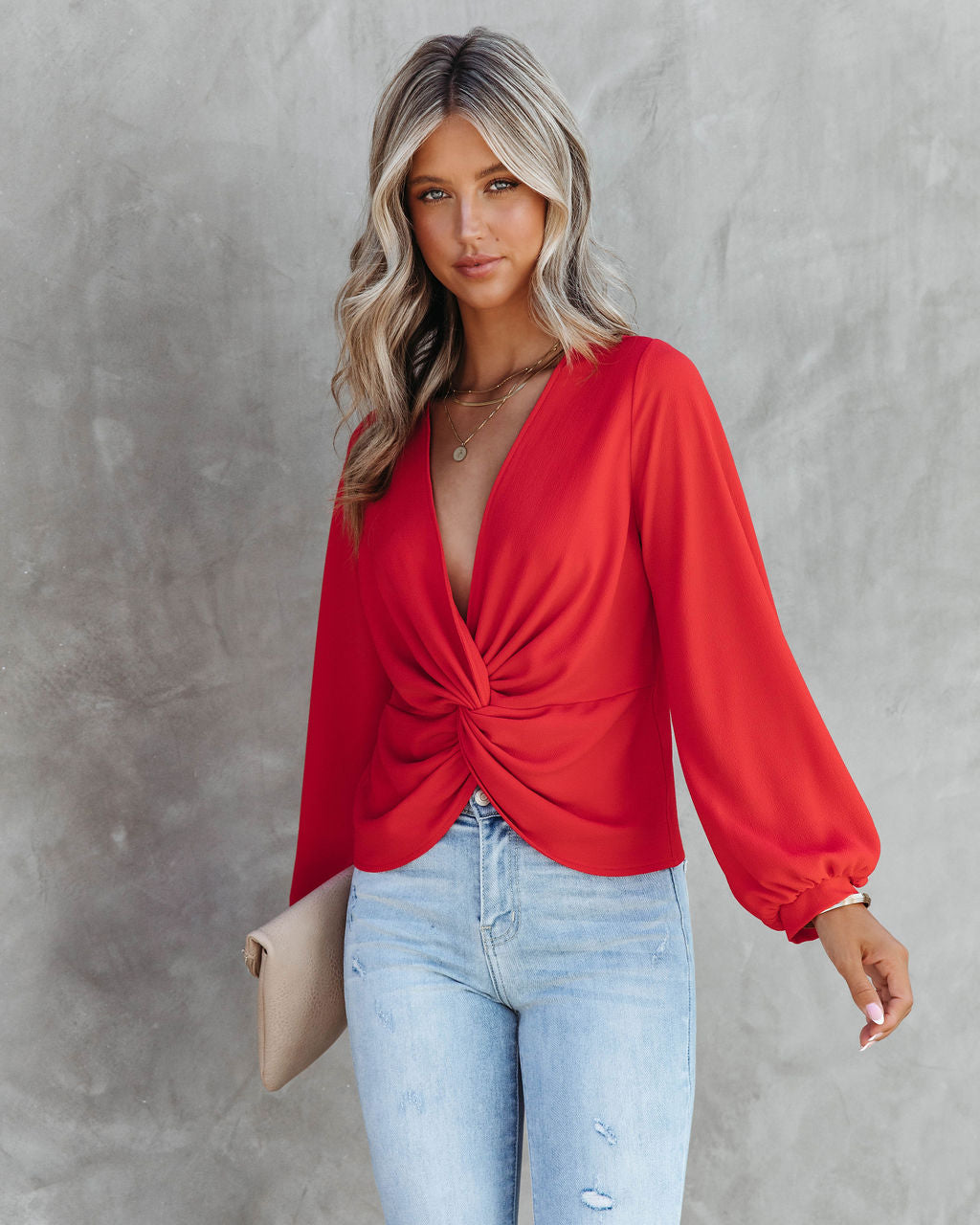 City Dreams Twisted Drape Top - Tomato Red