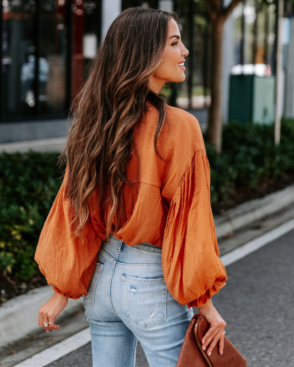 Asher Balloon Sleeve Button Down Top - Clay - SALE