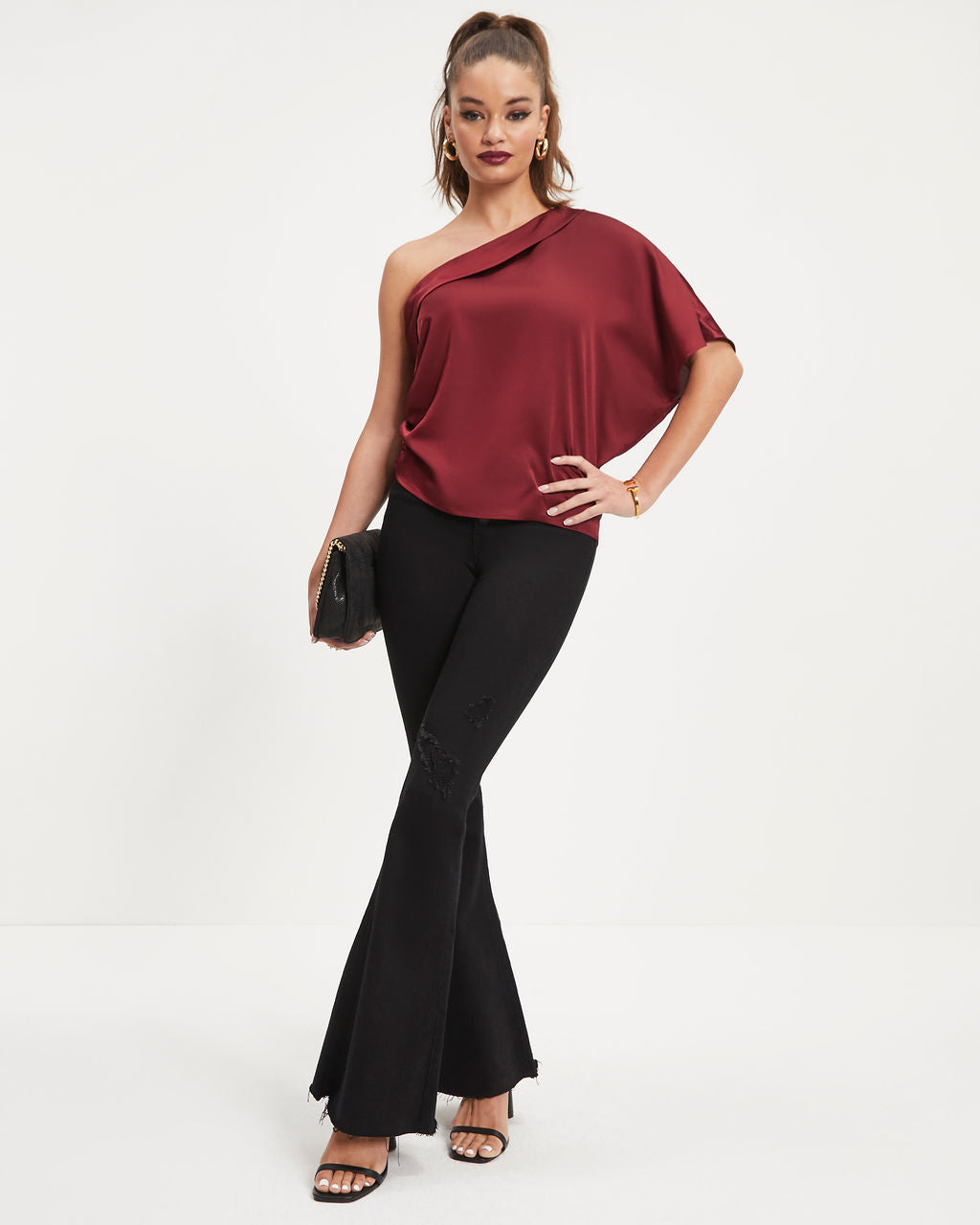 Sylvia Satin One Shoulder Top - Wine