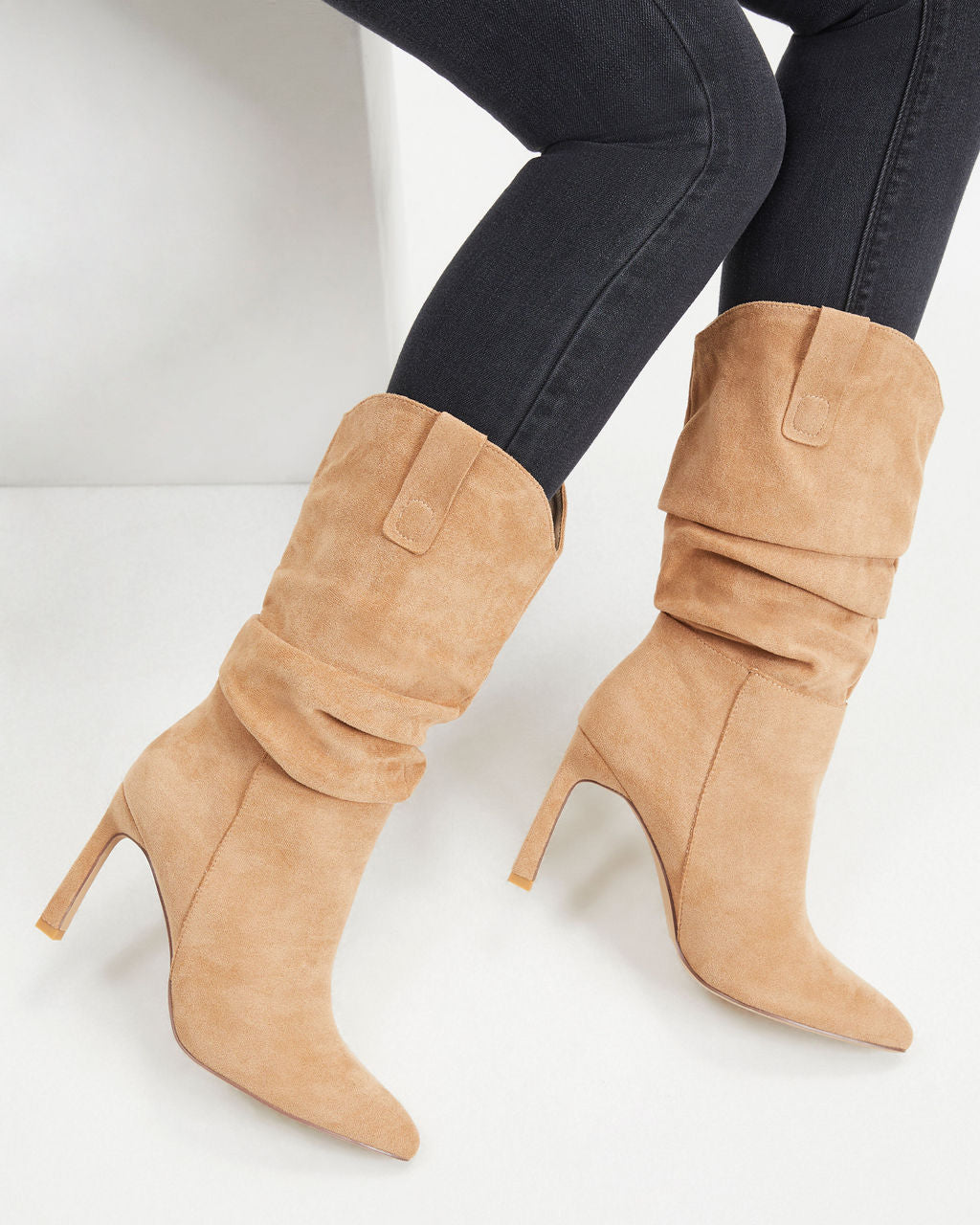 Goldie Faux Suede Heeled Slouch Boot - Almond