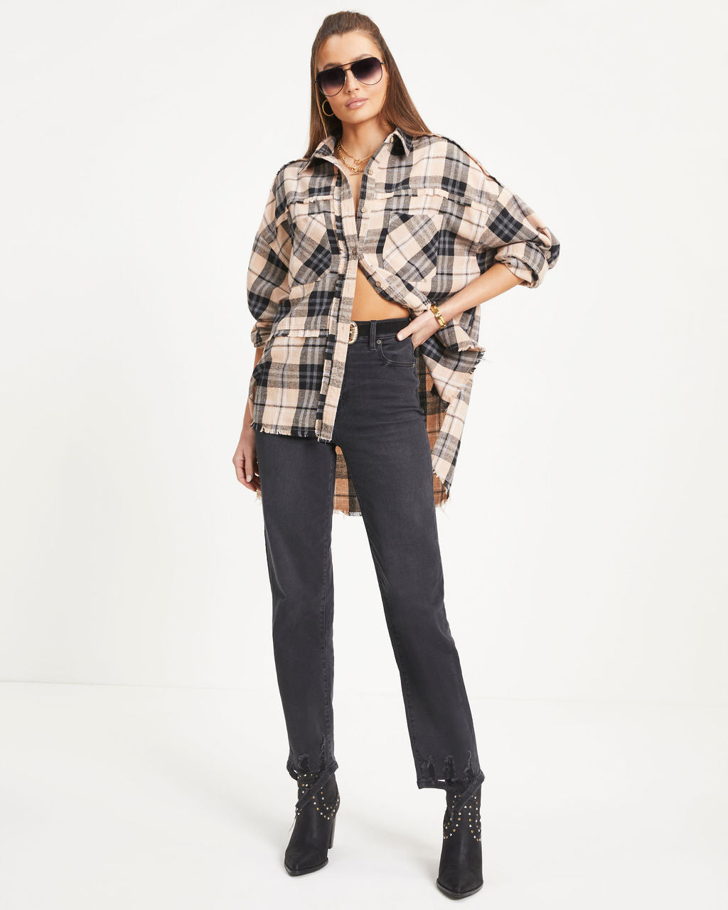 Roberta Plaid Pocketed Oversized Button Down Top