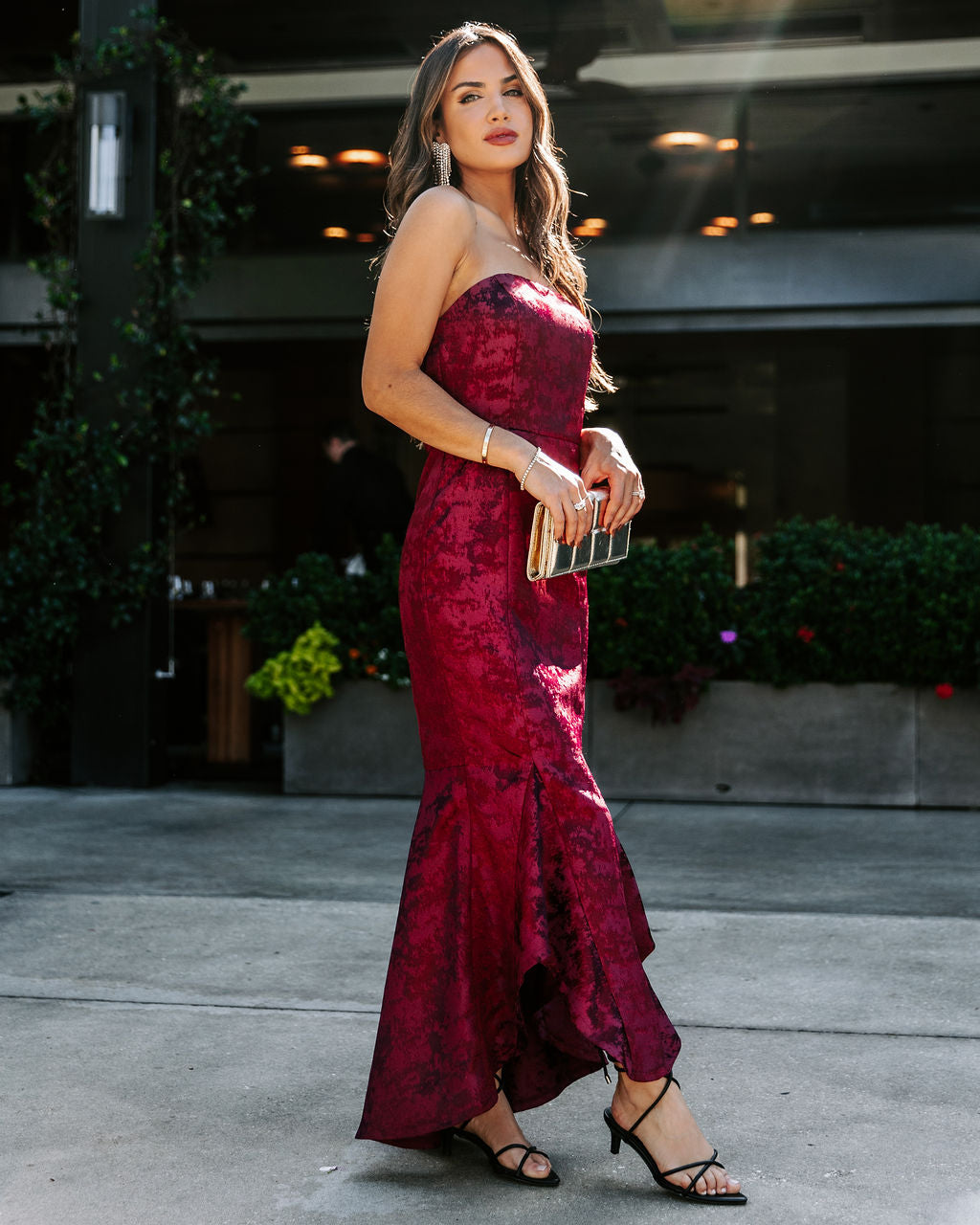 Elliana Strapless Embossed Ruffle Maxi Dress - Wine