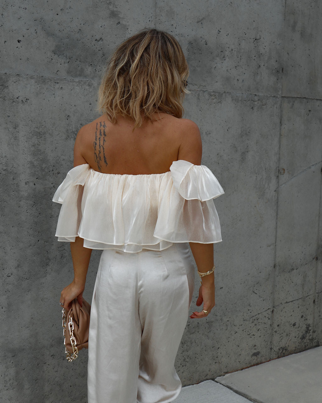 Chloe High Sheen Off The Shoulder Crop Top - Cream