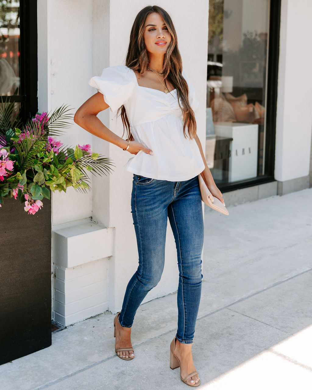 Carley Cotton Puff Sleeve Peplum Top - White - FINAL SALE