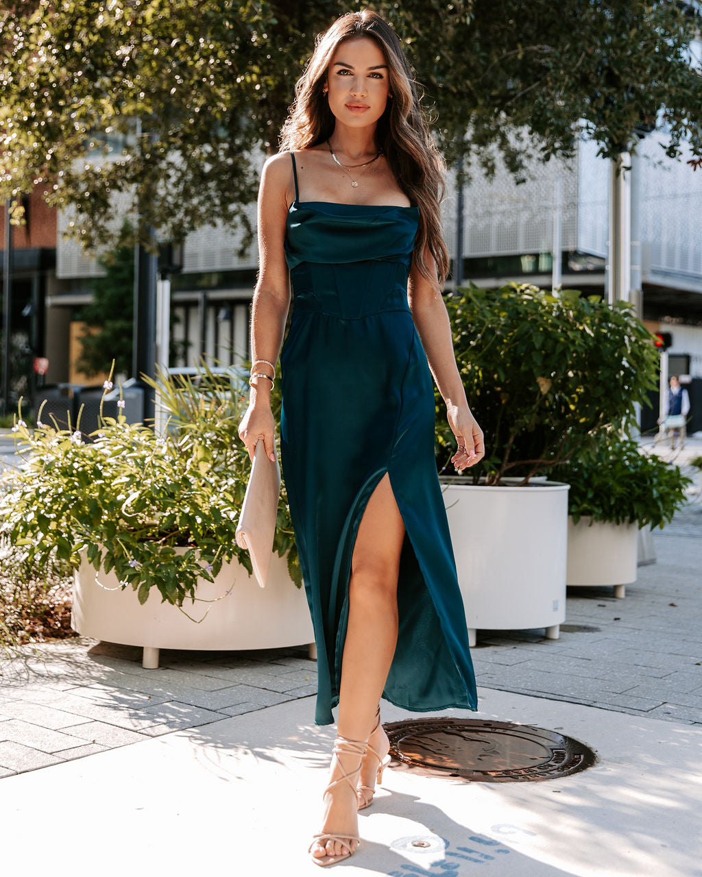 Simply Breathtaking Satin Cowl Neck Midi Dress - Hunter Green