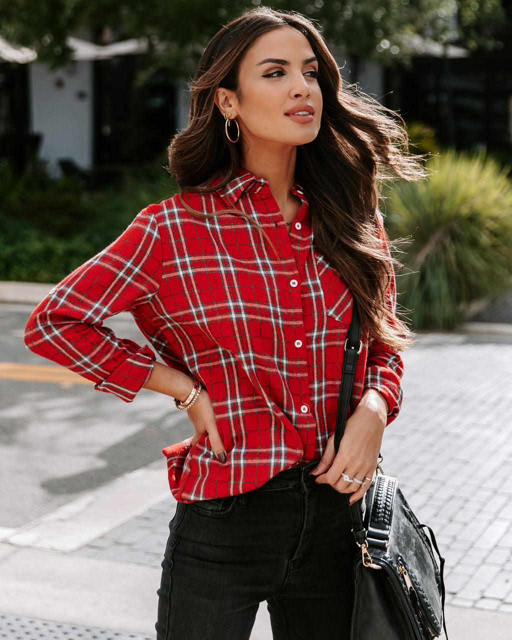 Kristen Plaid Button Down Top - Red
