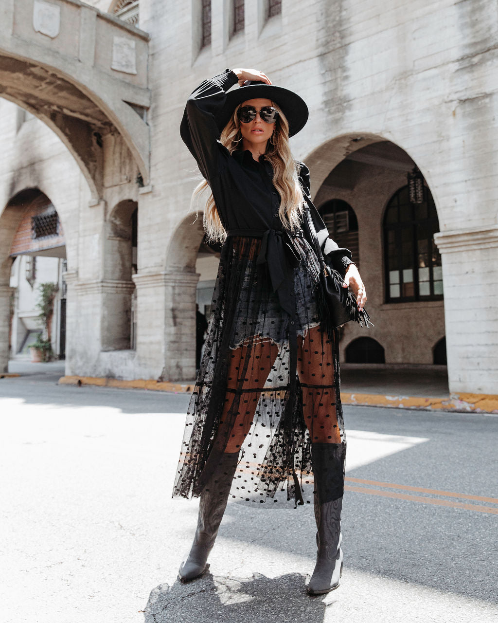 Normandy Polka Dot Mesh Midi Dress - Black