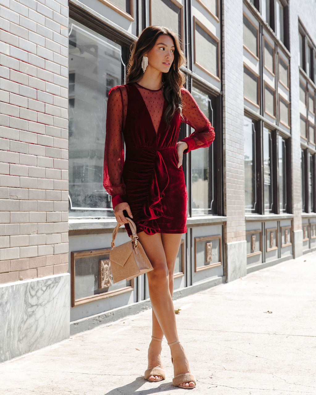 Saint Clara Sheer Velvet Ruffle Mini Dress - Burgundy