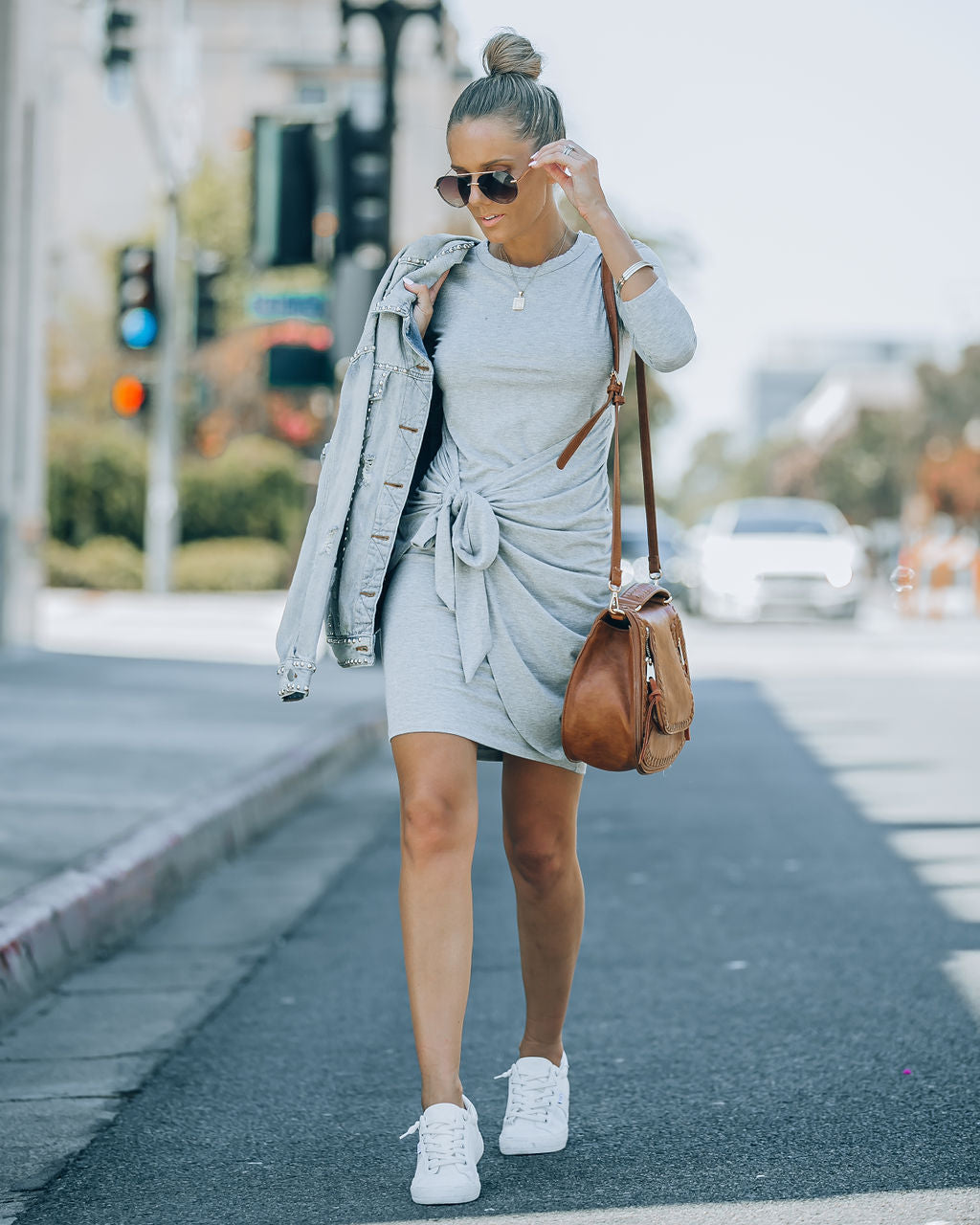 Ayda Drape Front Tie Mini Dress - Heather Grey - FINAL SALE