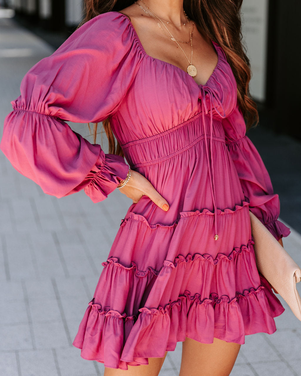 Unrequited Romance Tiered Front Tie Mini Dress - Plum