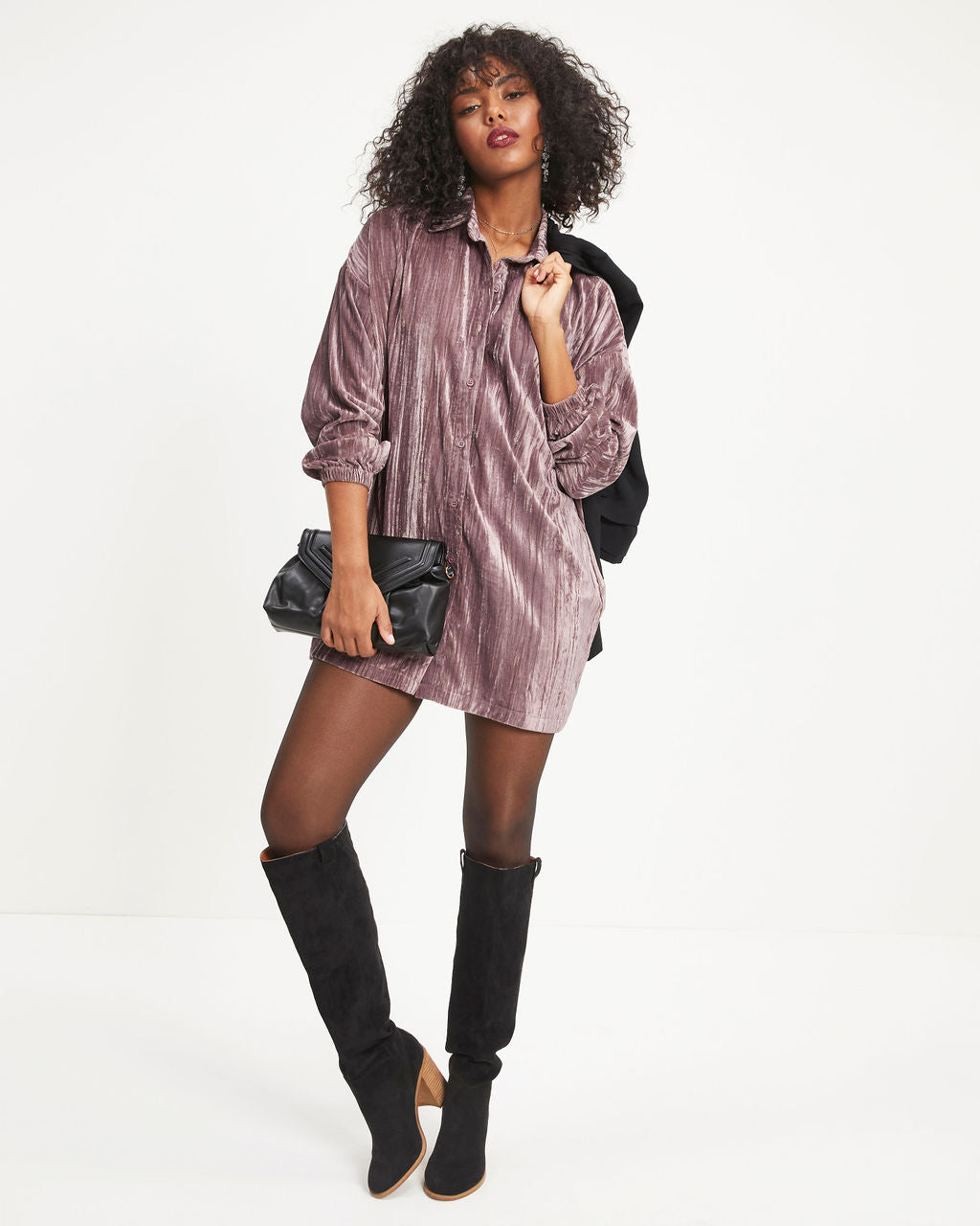 Avalina Textured Velvet Button Down Shirt Dress - Dusty Mauve