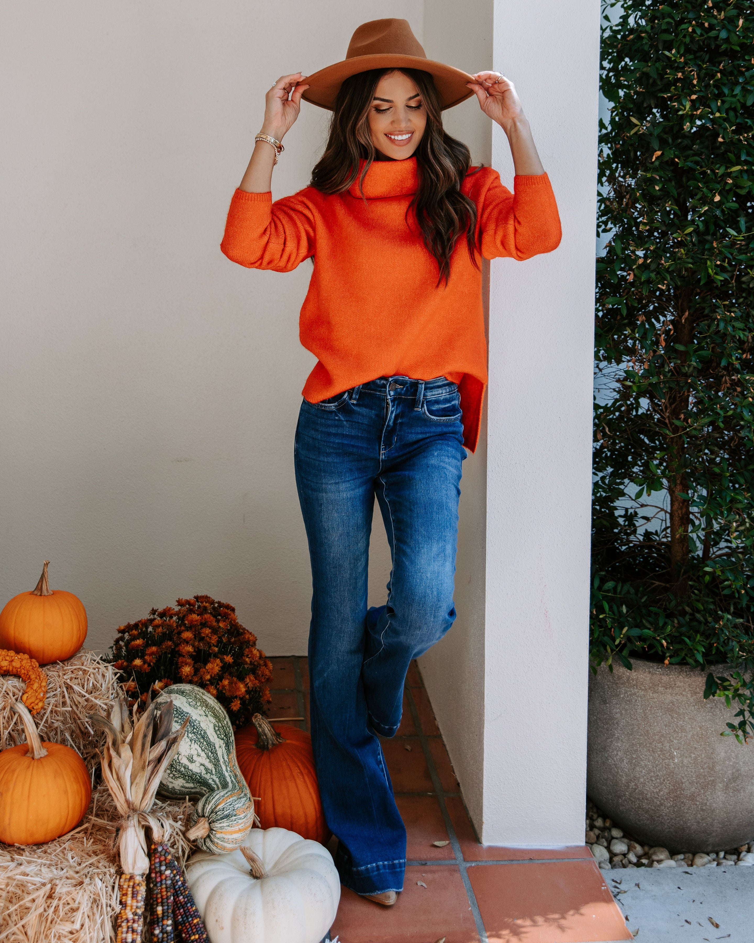 Betsy Cowl Neck Knit Pullover Sweater - Orange