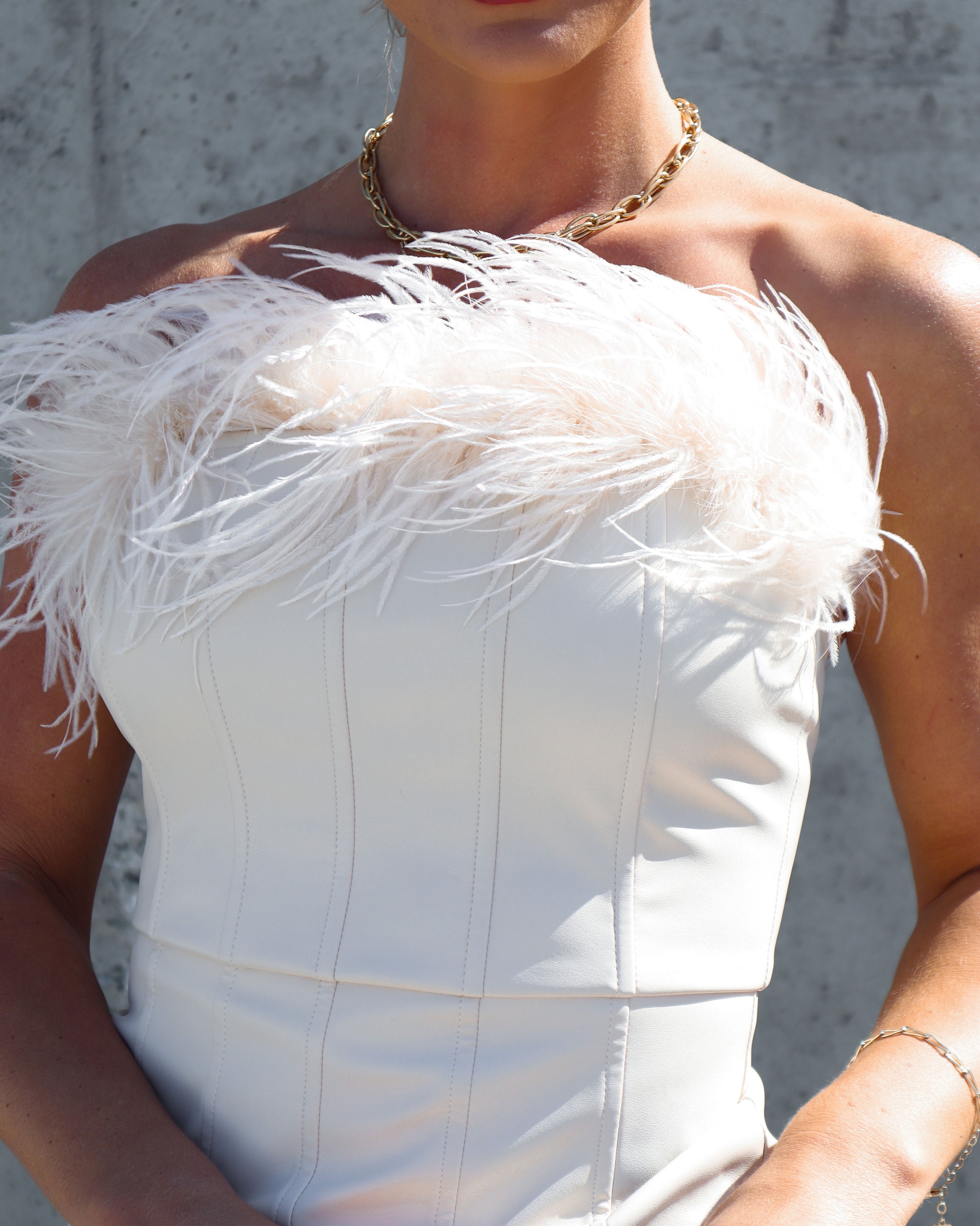 No Competition Here Faux Leather Feather Trim Midi Dress - Ecru