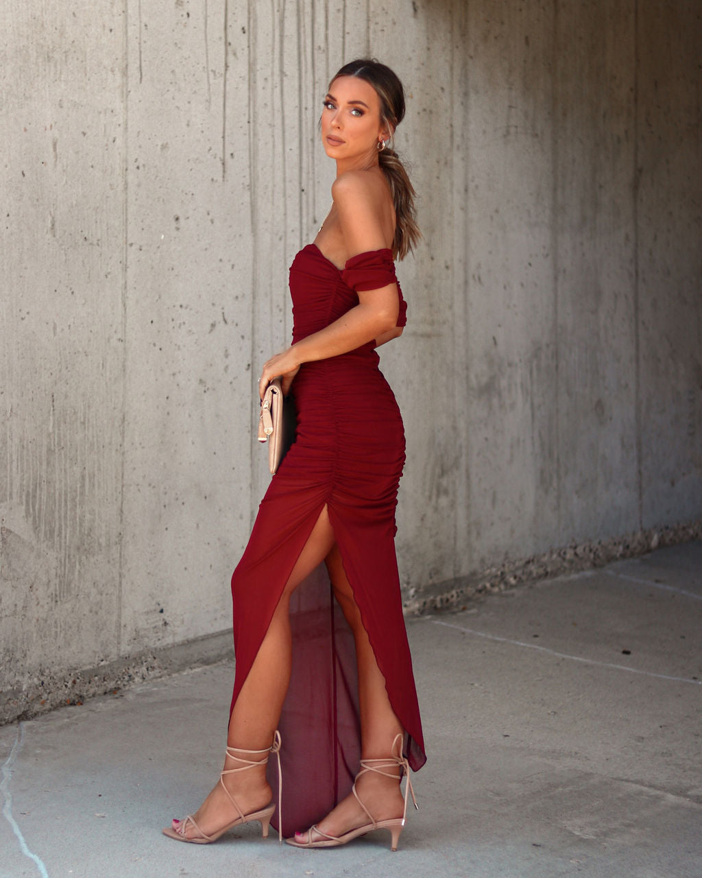 Pretty Women Off The Shoulder Sheer Maxi Dress - Wine