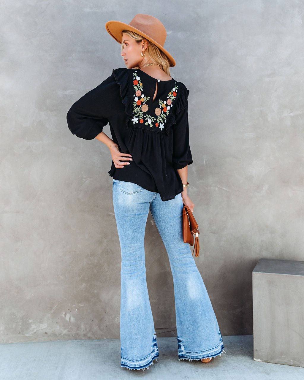 Bohemian Fall Floral Embroidered Babydoll Top - Black - SALE