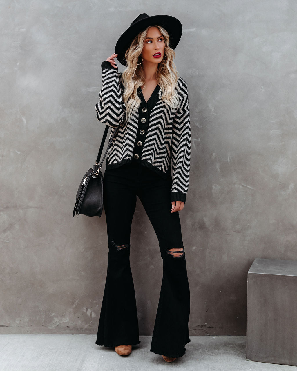 Halston Button Front Chevron Knit Cardigan