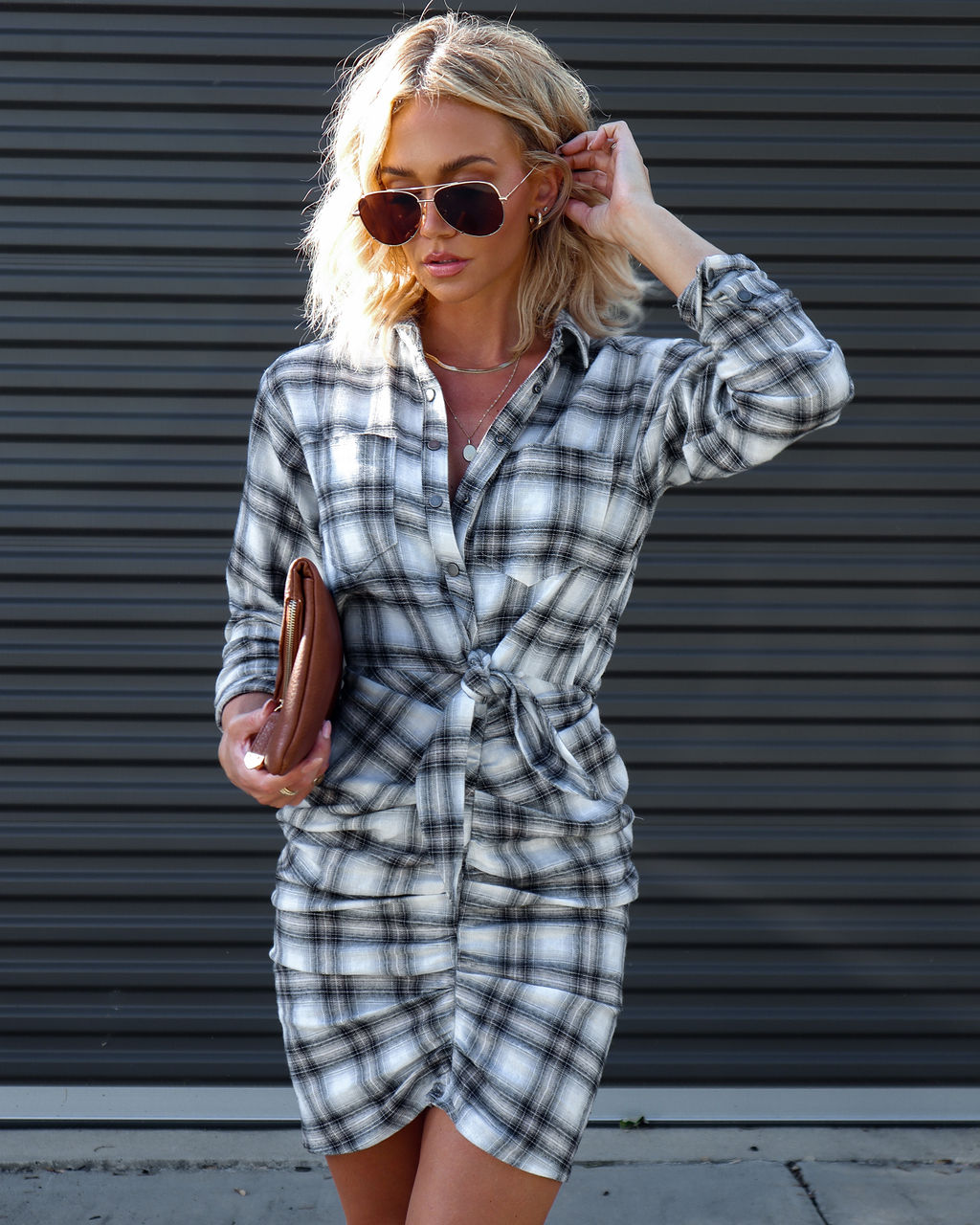 Archie Cotton Ruched Plaid Shirt Dress