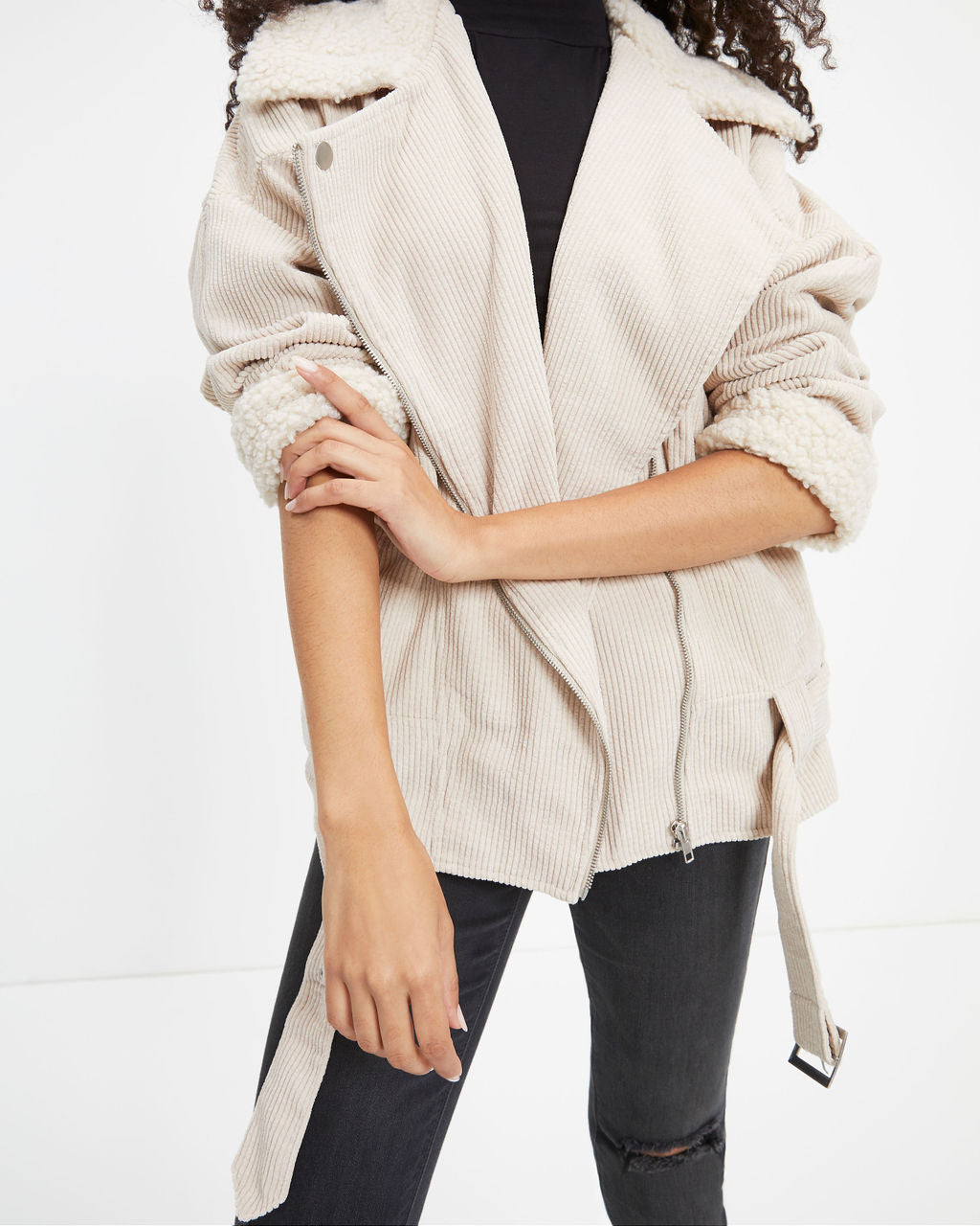 Blake Corduroy Faux Sherpa Moto Jacket - Cream