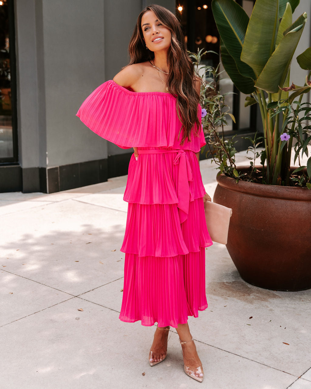 Simaria Pleated Tiered Midi Dress - Hot Pink - FINAL SALE