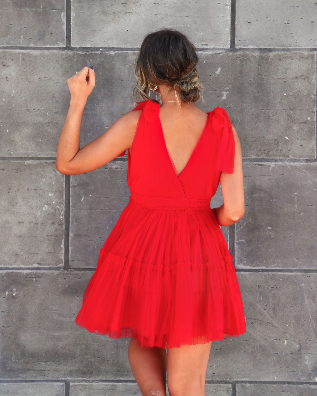 Venice Shoulder Tie Tulle Mini Dress - Red