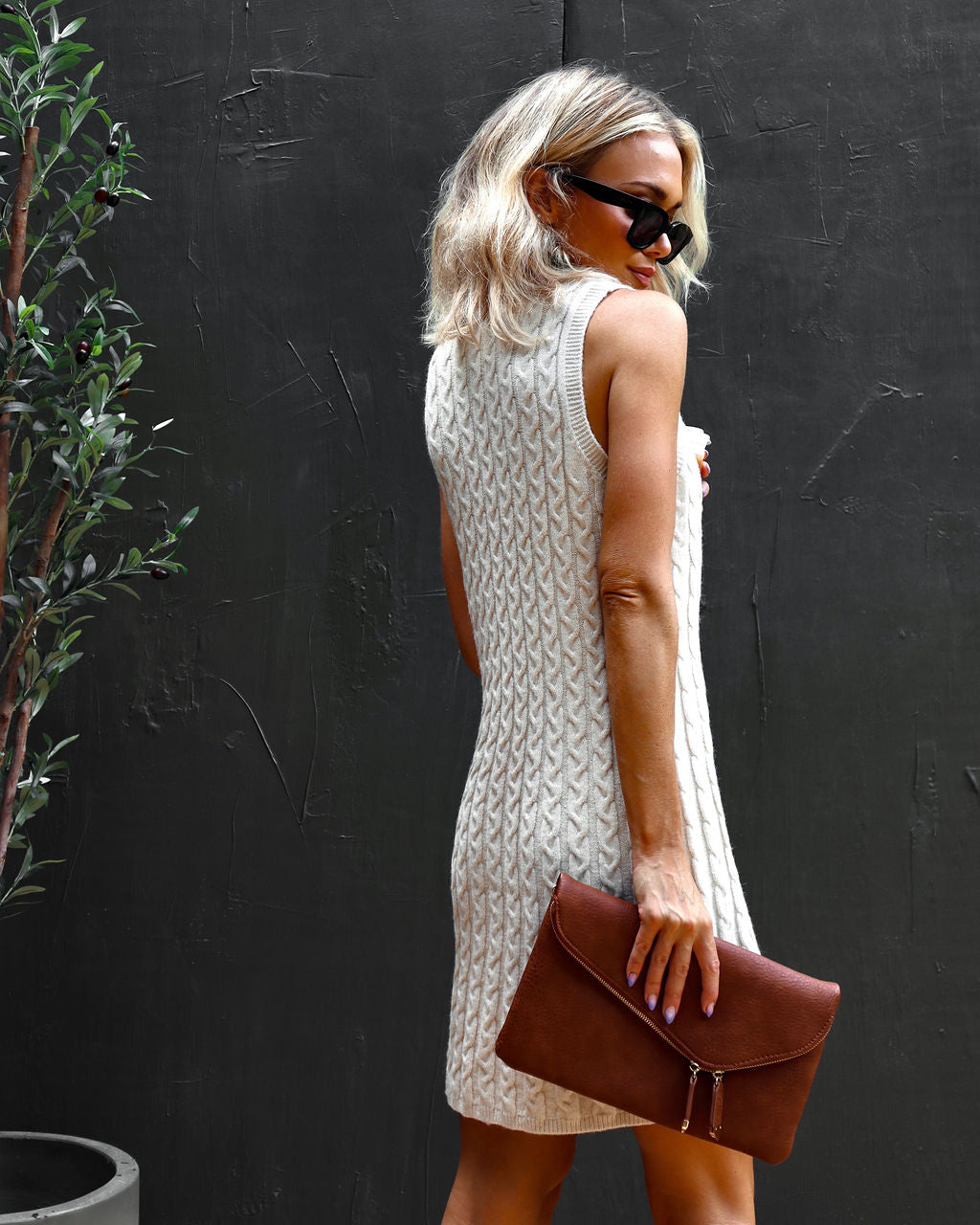 Rowen Cable Knit Mock Neck Sweater Dress - Oatmeal