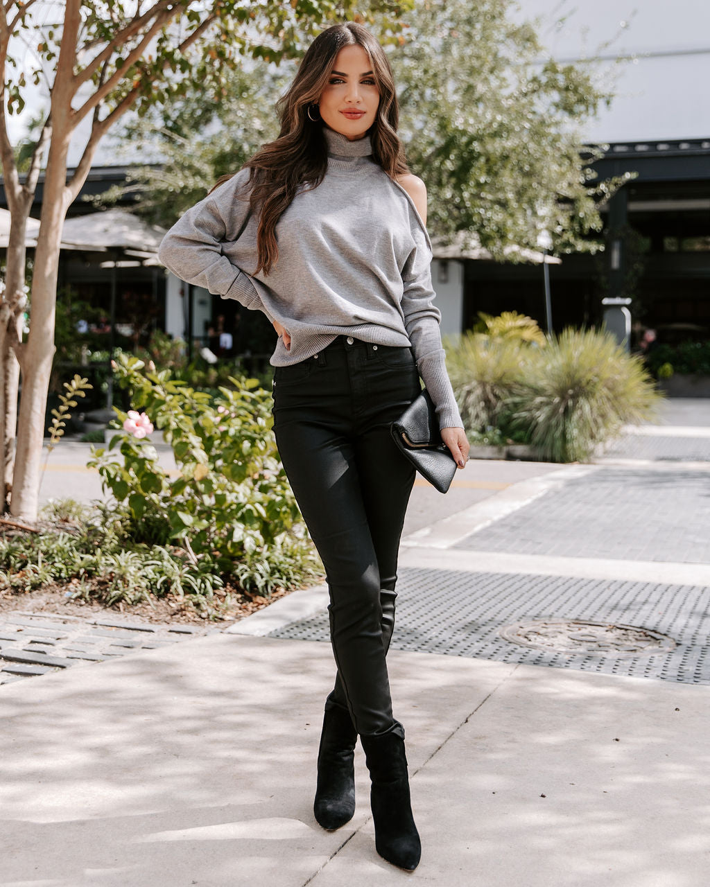 Take It Slow Knit Turtleneck Cold Shoulder Pullover Sweater - Grey