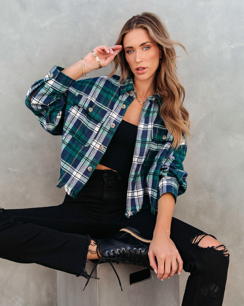 Sporadically Cool Plaid Frayed Button Down Top