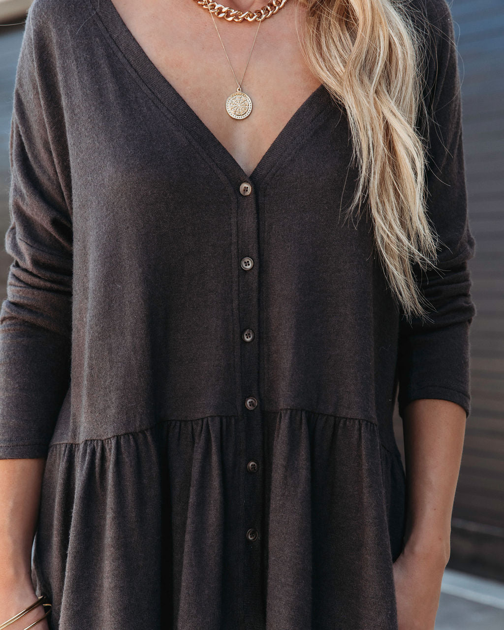 Be Playful Button Down Knit Peplum Top - Asphalt - SALE