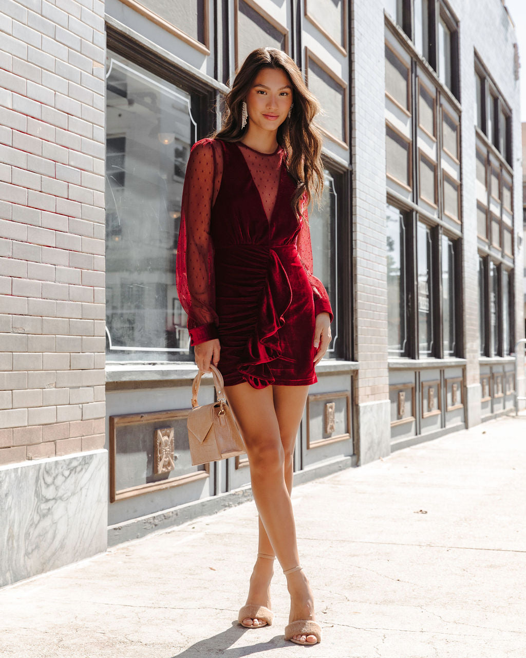Saint Clara Sheer Velvet Ruffle Mini Dress - Burgundy