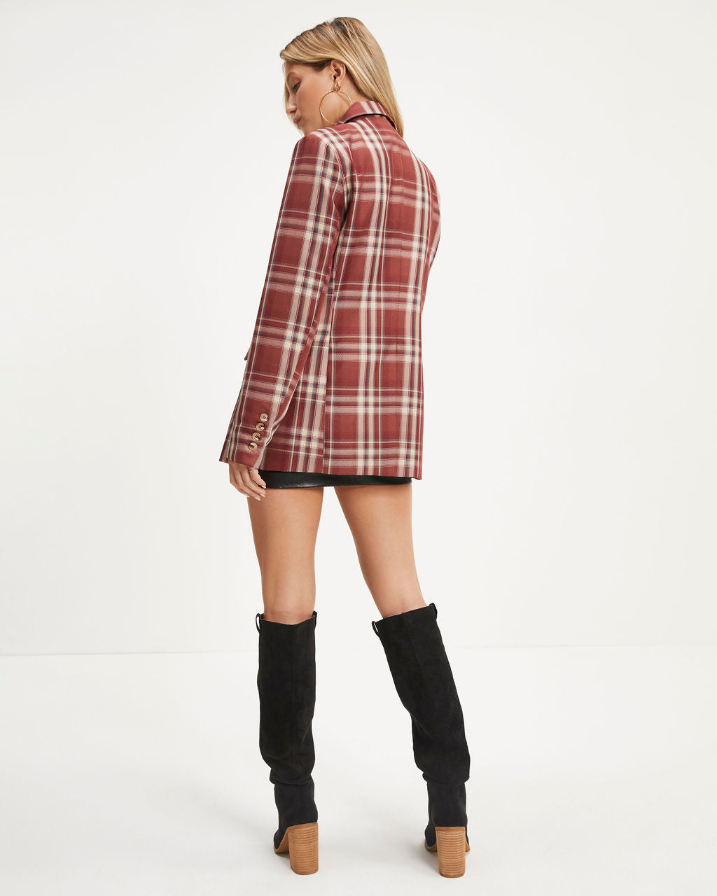 Nadia Pocketed Plaid Blazer - Burgundy