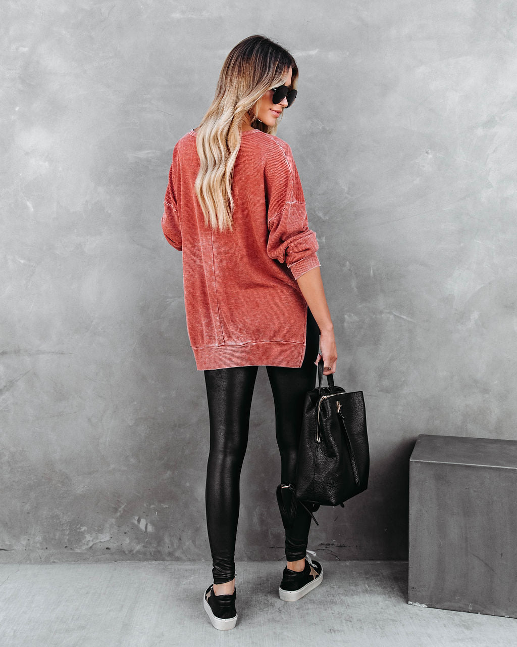 Tahoe Bound Waffle Knit Long Sleeve Top - Rust