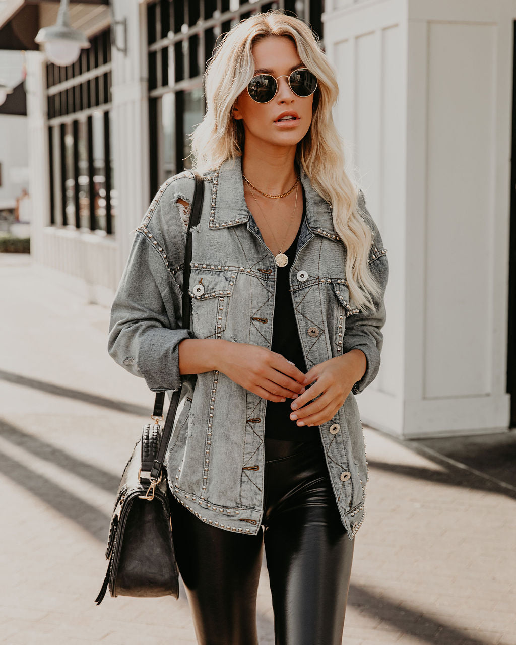 Kind Of A Big Deal Pocketed Studded Denim Jacket - Light Wash
